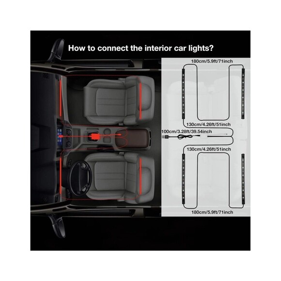 Daybetter Interior 2 Line LED Strip Lights USB Bluetooth Kit Remote Car Truck - Picture 5 of 9